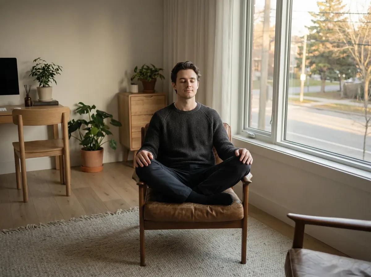 Male entrepreneur sitting calmly in a minimalist workspace, practicing body-focused presence and emotional regulation