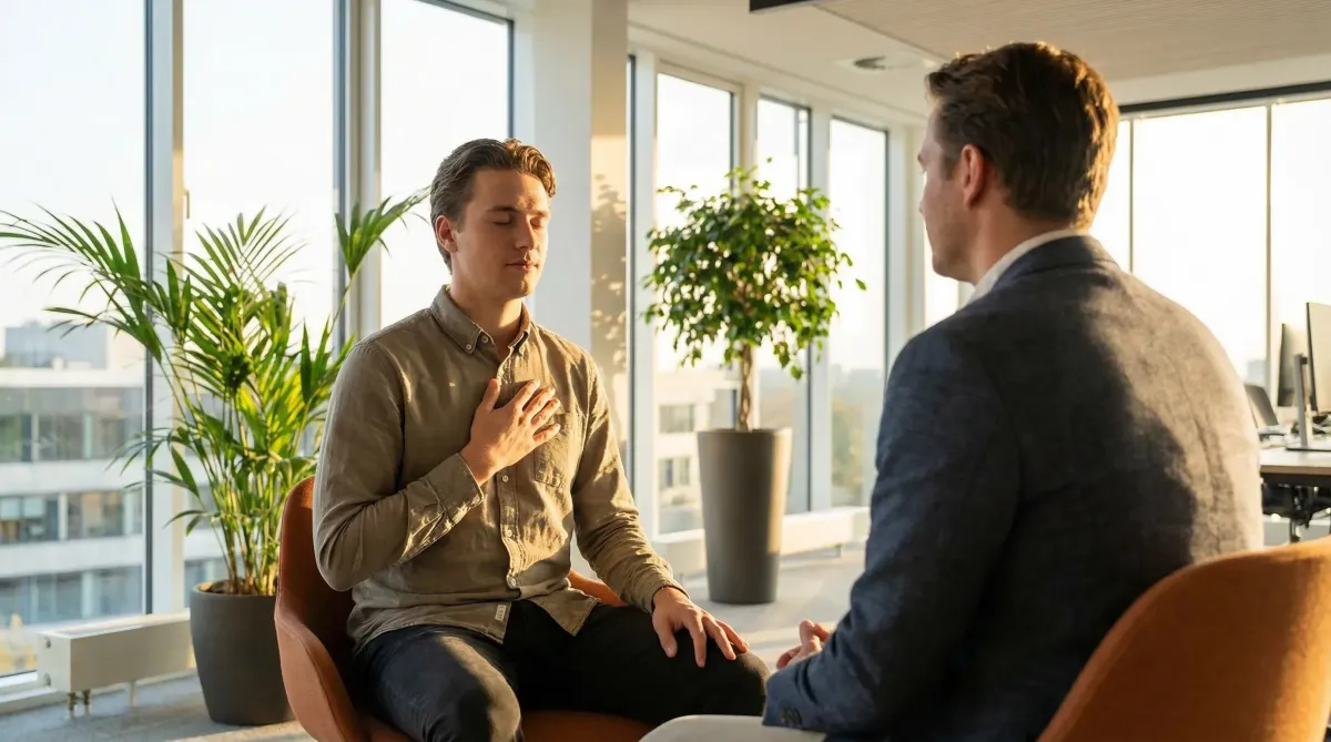 Young male founder in a one-on-one coaching session, practicing deep presence and somatic awareness