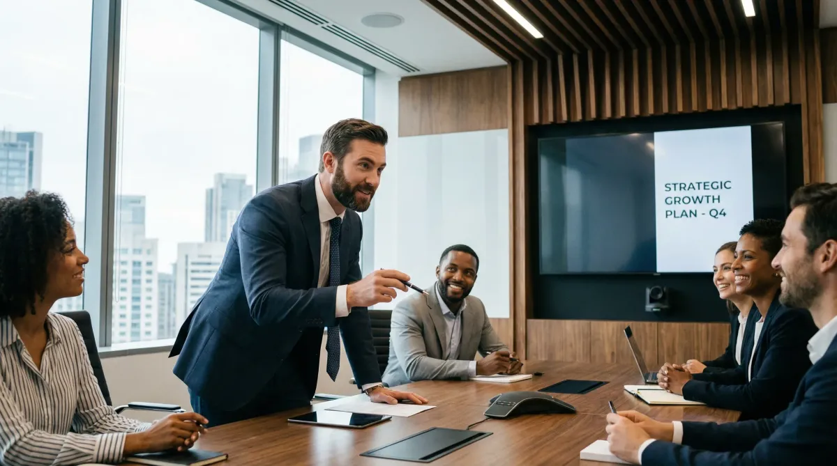 Confident young male founder leading a team meeting with calm authority and executive presence