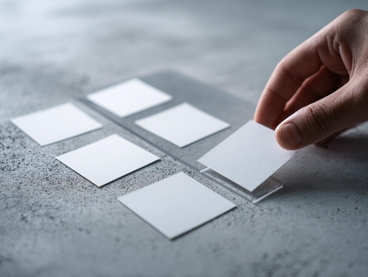 Professional hand placing an acrylic template with three rectangular zones over white paper squares on a concrete desk, representing an analytical framework for NZ offshoring decisions