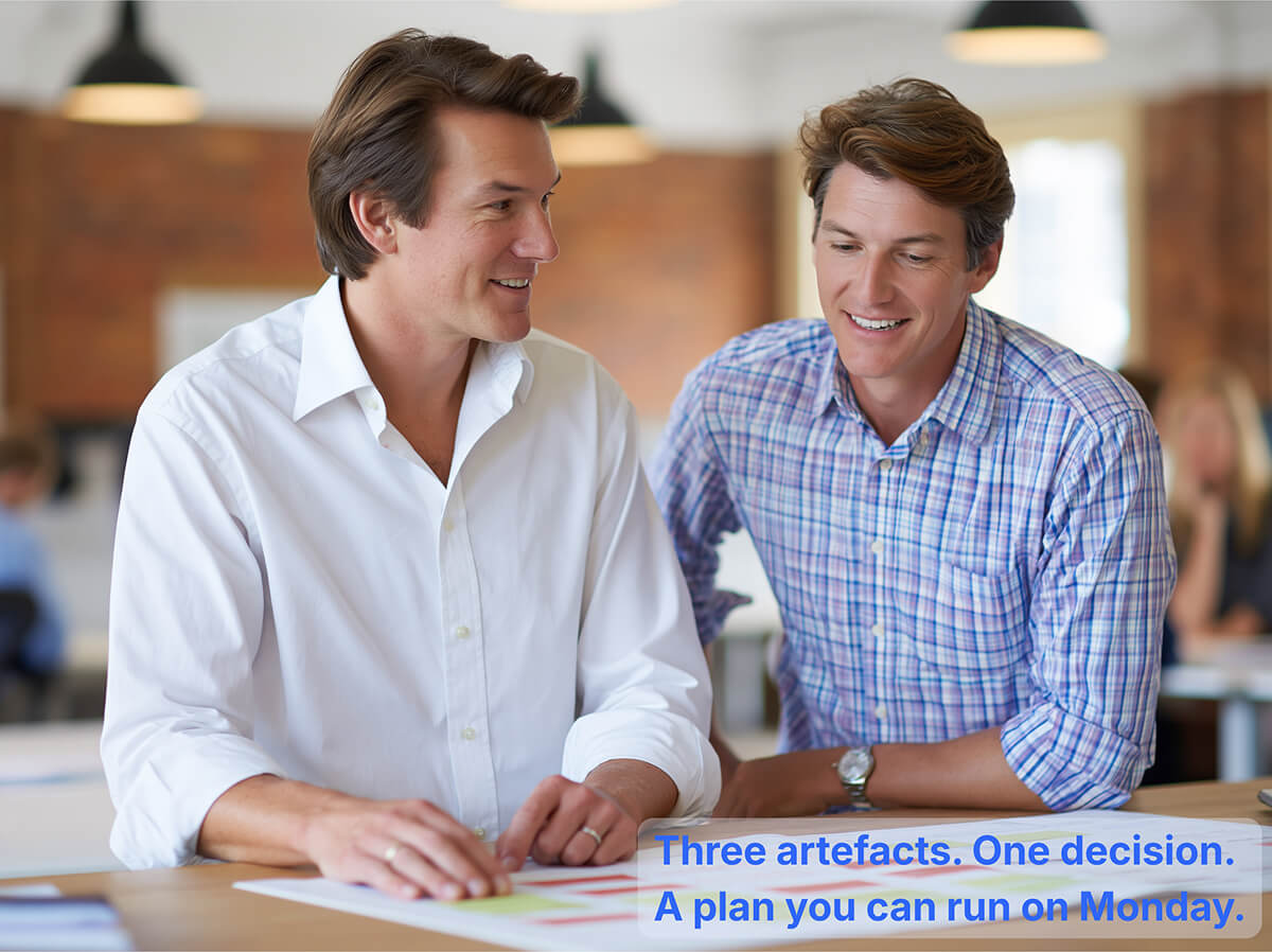 A founder of a scaling Australian business sitting at a wooden table reviewing a printed activity map with a colleague, warm afternoon light, unposed.