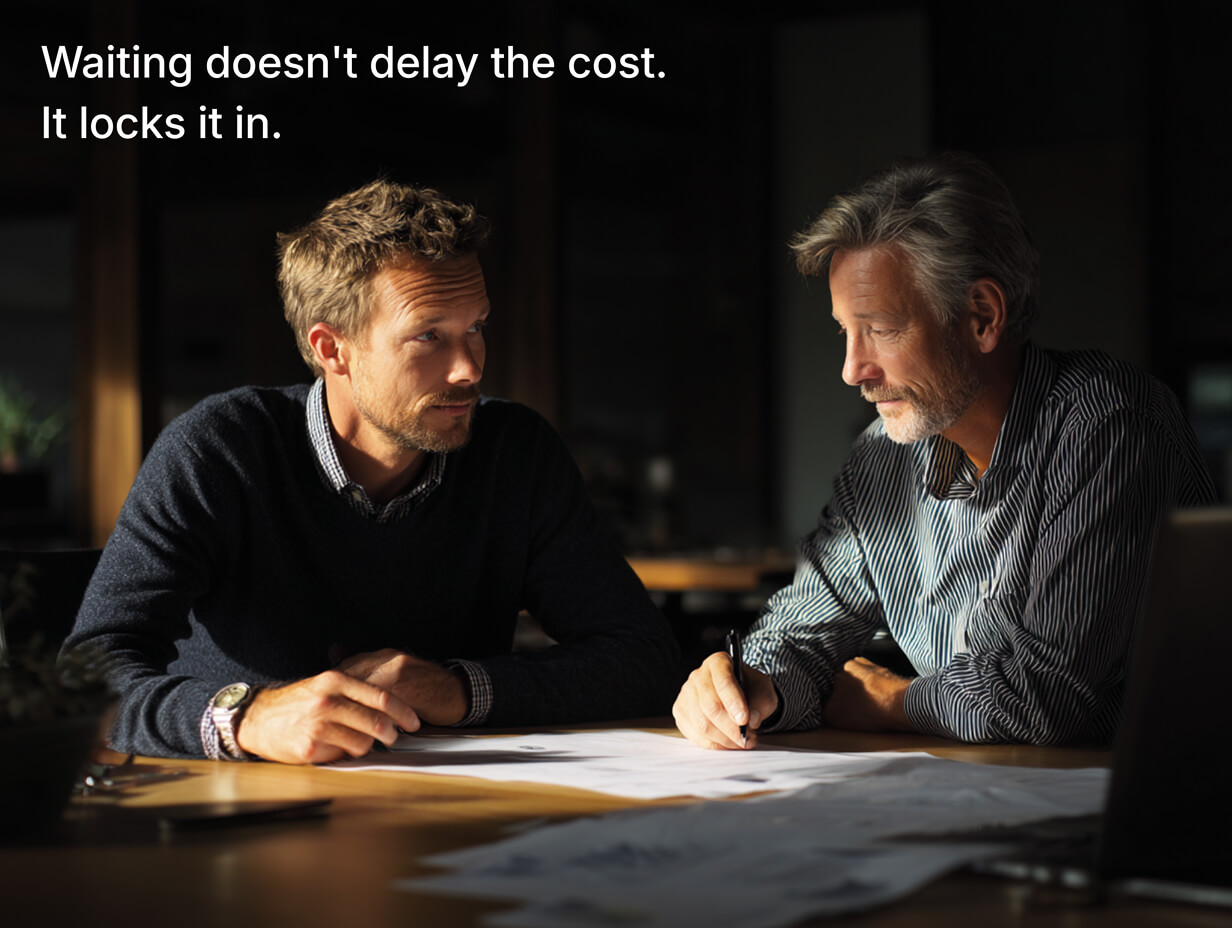 Australian business owner reviewing FY27 cost base options before the 30 June deadline, with an activity-level labour-cost breakdown on screen