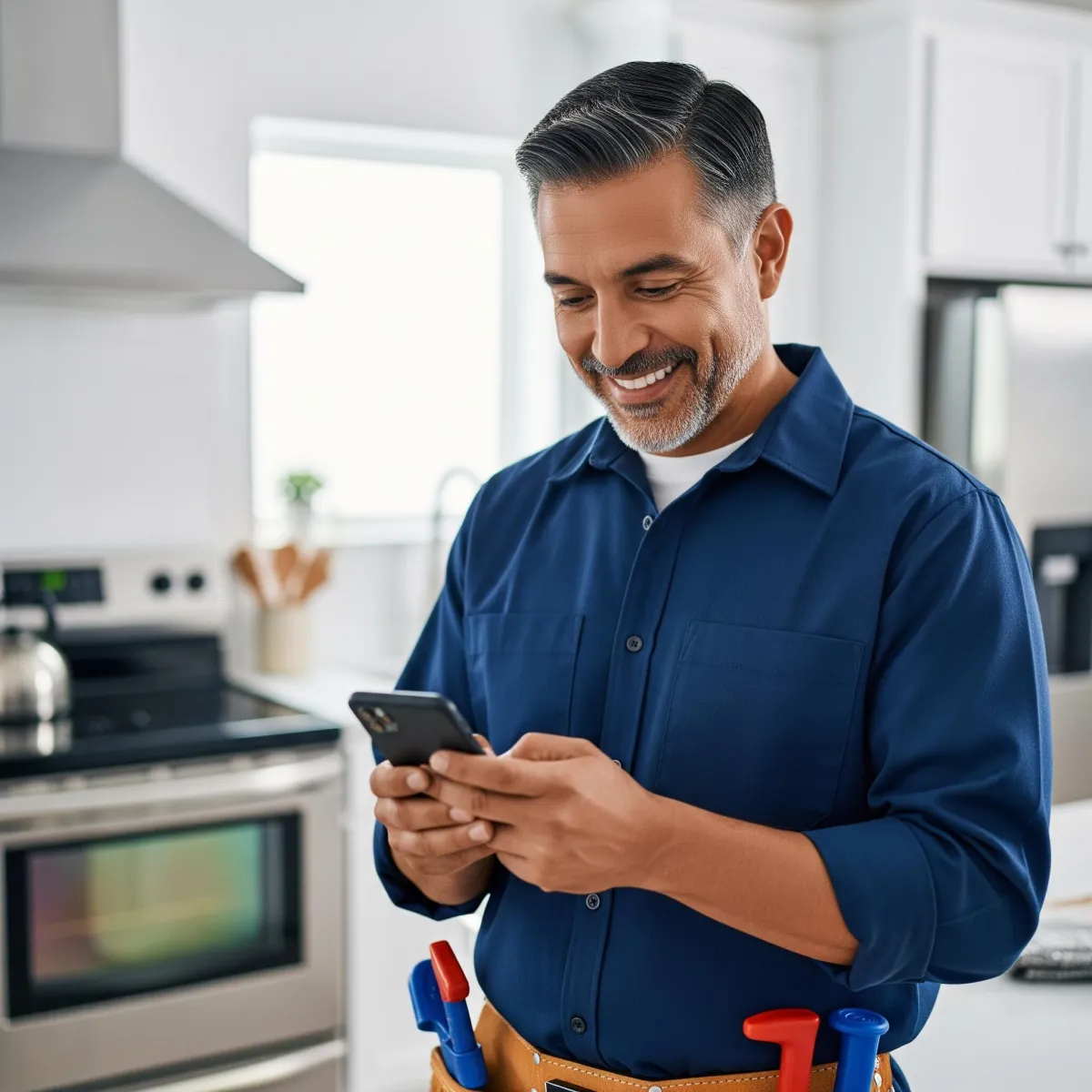 A happy local plumber checks his phone and sees positive business results from his email marketing strategy.