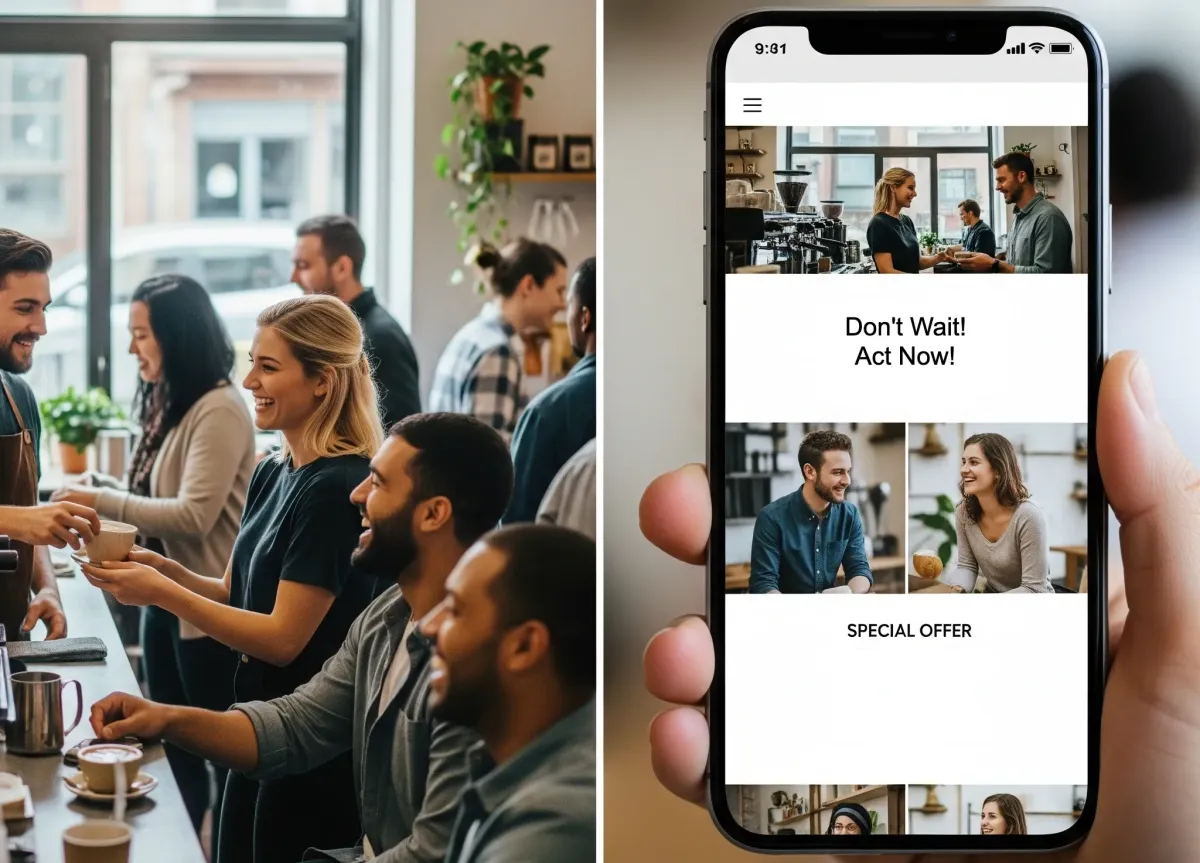 Split screen showing an email marketing offer on a phone and the result: a busy coffee shop with satisfied customers.