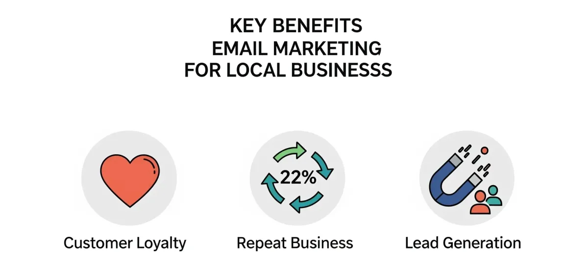 Infographic detailing the benefits of email marketing: an icon of a heart for loyalty, a circular arrow for repeat business, and a magnet for lead generation.