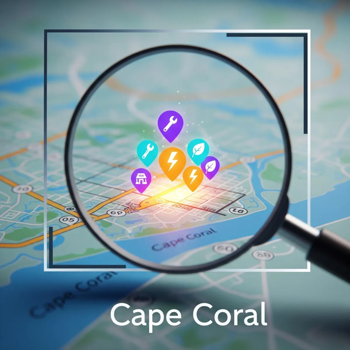 A magnifying glass focuses on a map of Cape Coral, FL, highlighting icons for local service businesses to represent targeted local SEO services.