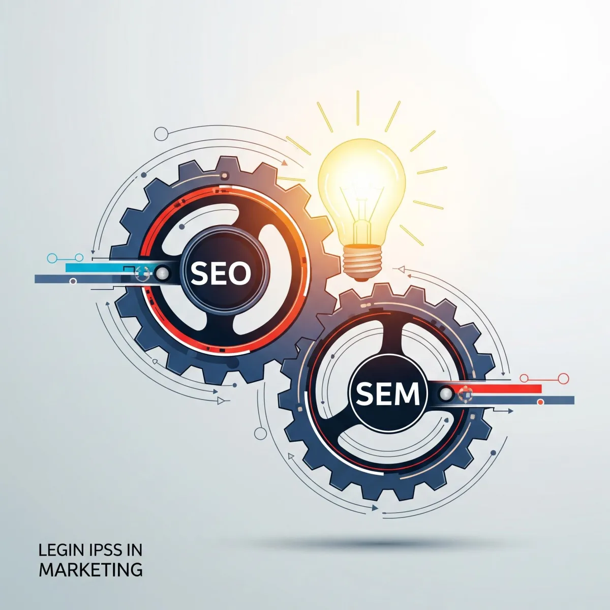Two interlocking gears labeled SEO and SEM power a lightbulb, illustrating an integrated digital marketing strategy for business success.