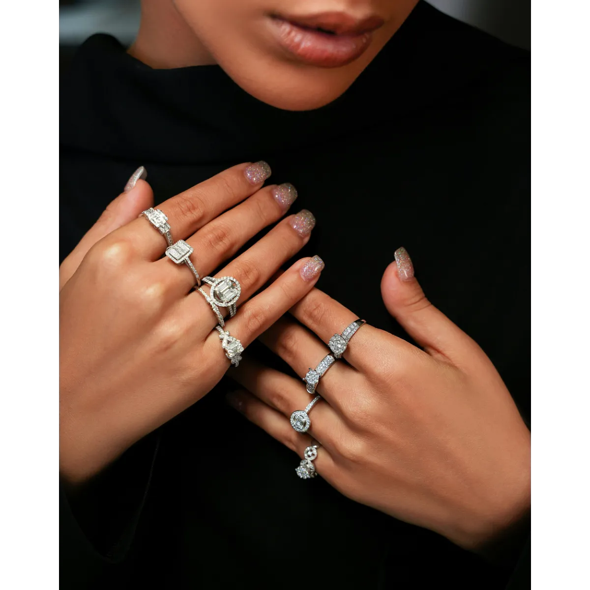 Luxury lab grown diamond rings and jewelry on model hands
