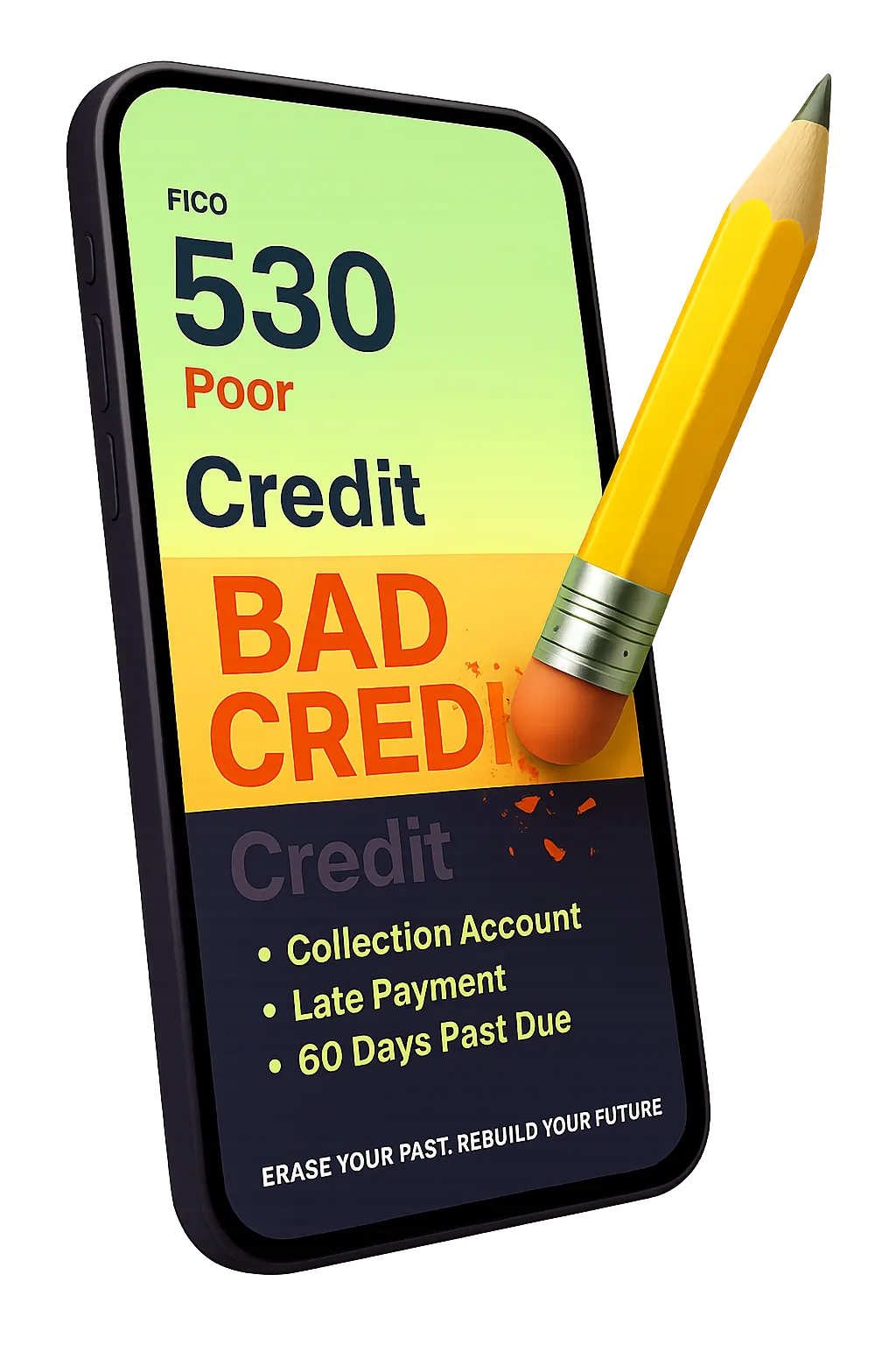 Smartphone showing a 530 poor credit score with a pencil erasing the words ‘Bad Credit,’ symbolizing credit repair and score improvement.