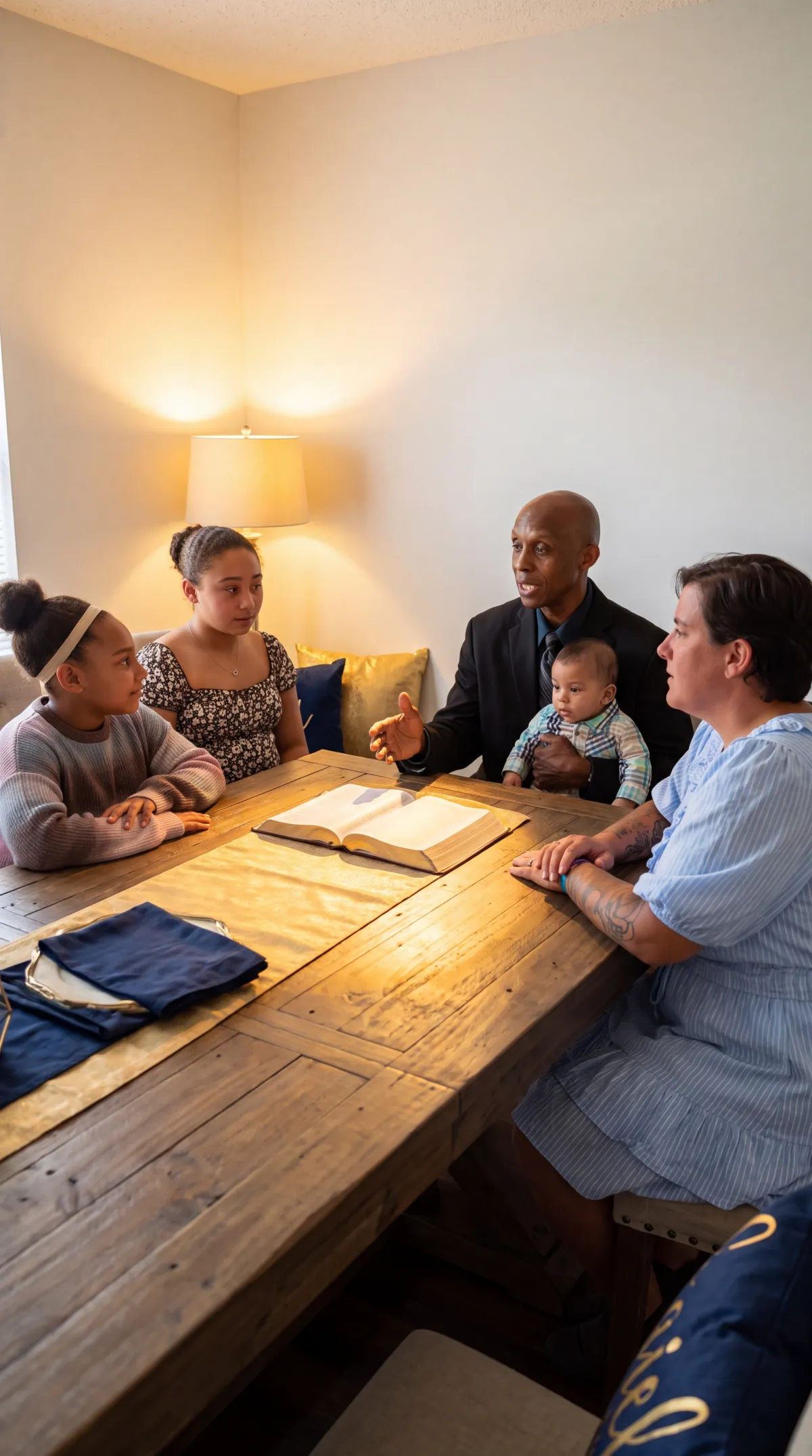 A warm, natural light photograph of a family studying the Bible around a kitchen table