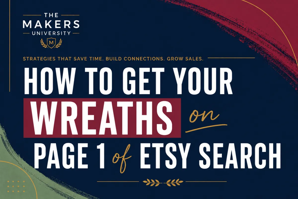 Wreath maker reviewing Etsy shop listings and keywords on a laptop at a craft desk
