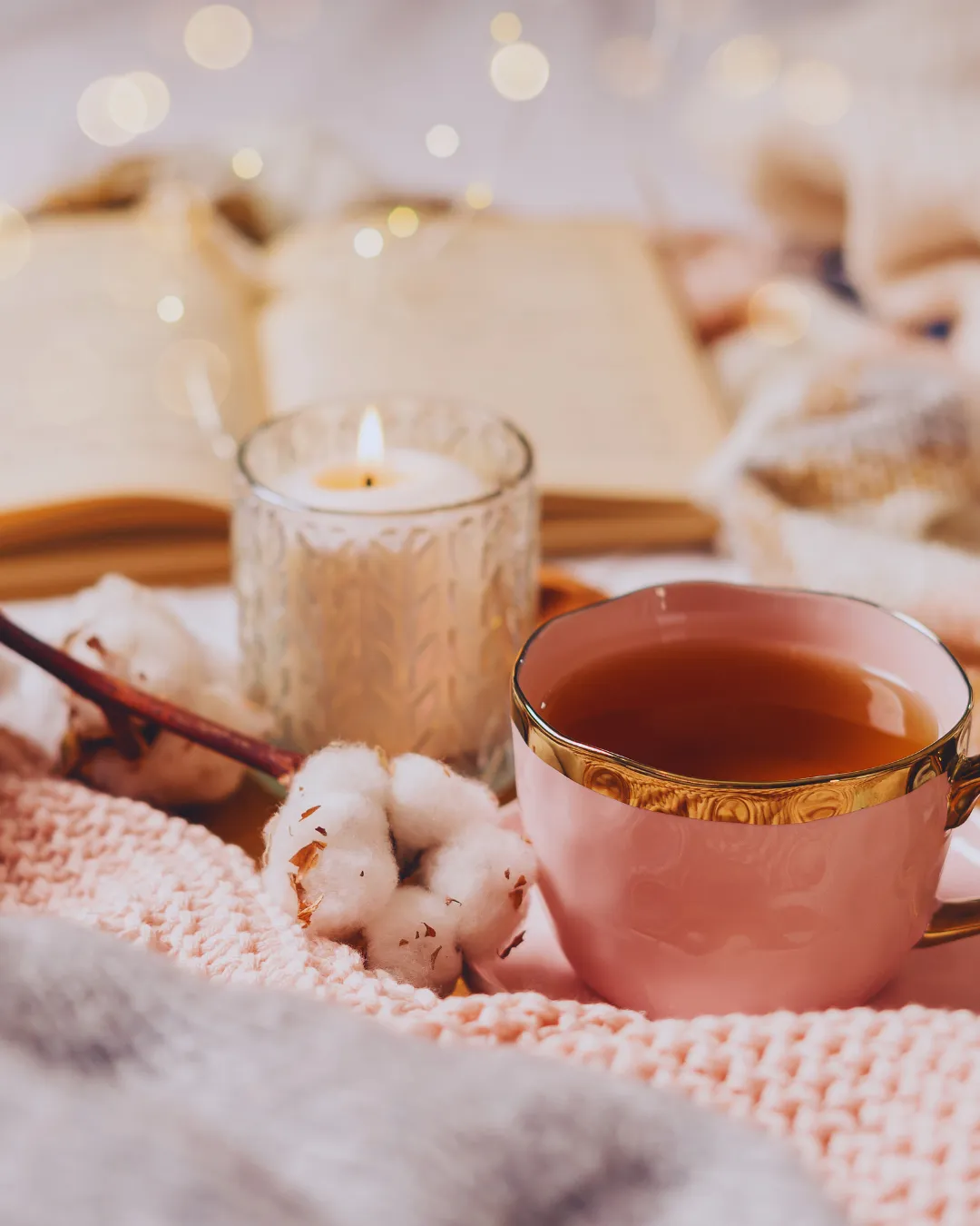 heart-led image of candles, tea and journalling. 