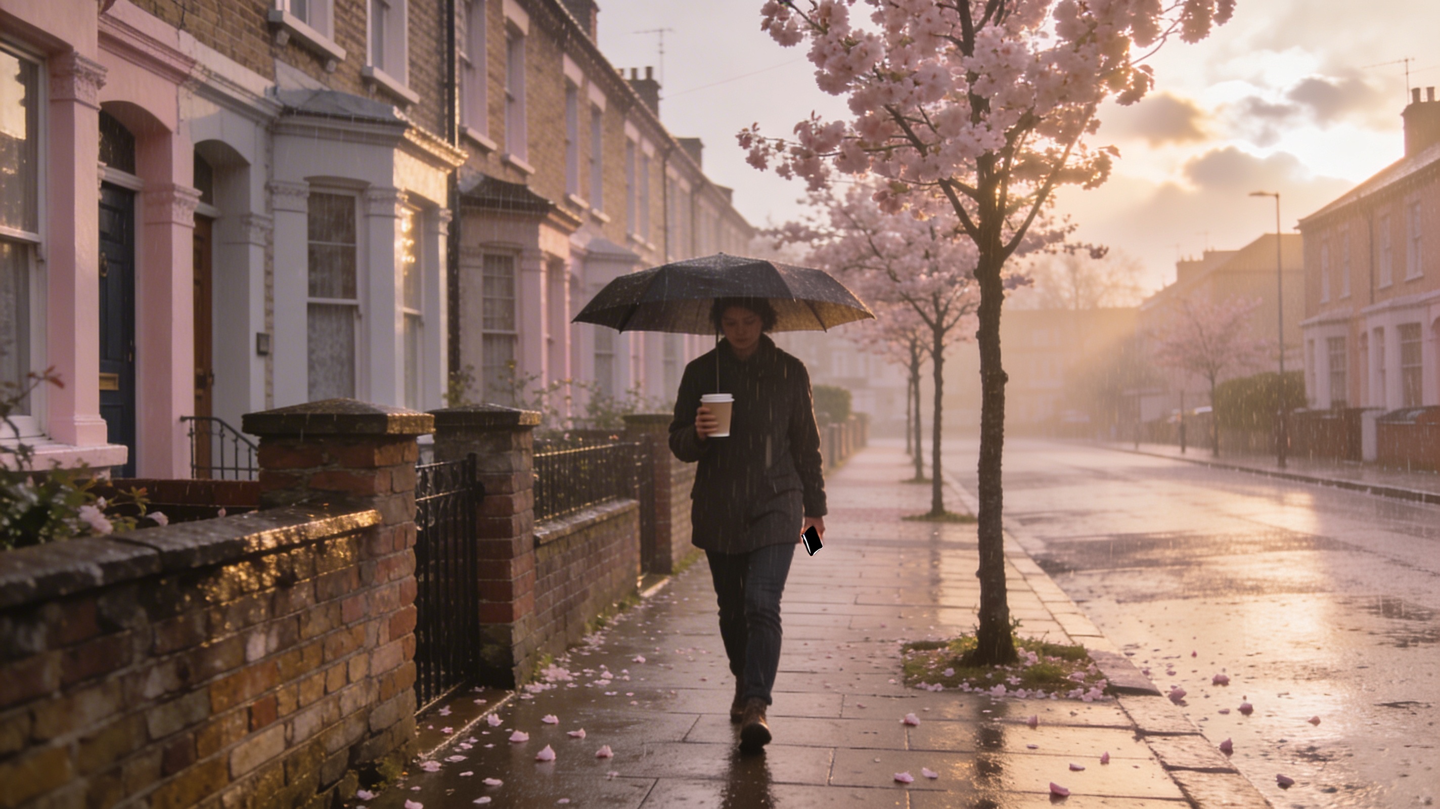 Person walking slowly along a rainy London street under an umbrella, passing blooming cherry blossoms, enjoying a calm reflective morning.