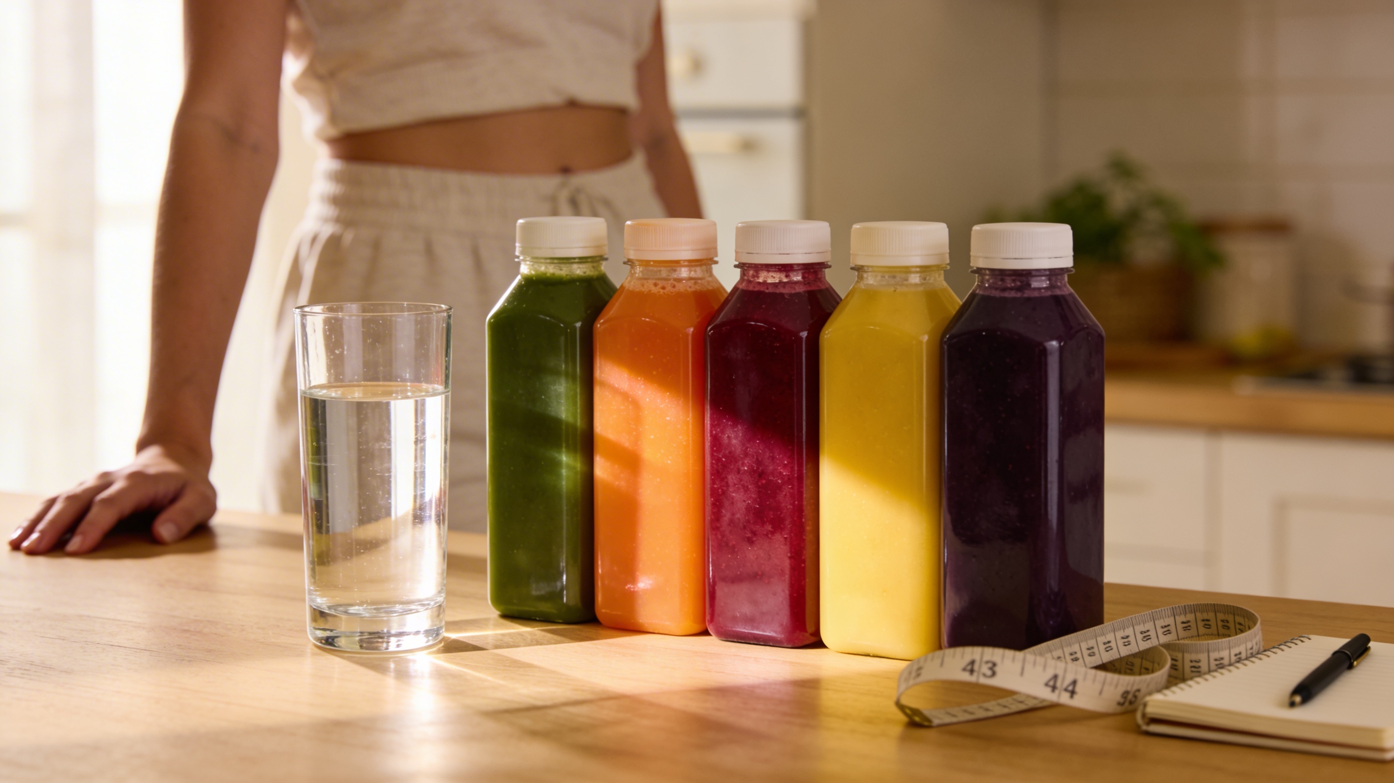 Calm kitchen counter with neatly lined cold-pressed juice bottles, a glass of water, and a notebook, hinting at a kind, intentional plant-based reset where the mind leads the body.