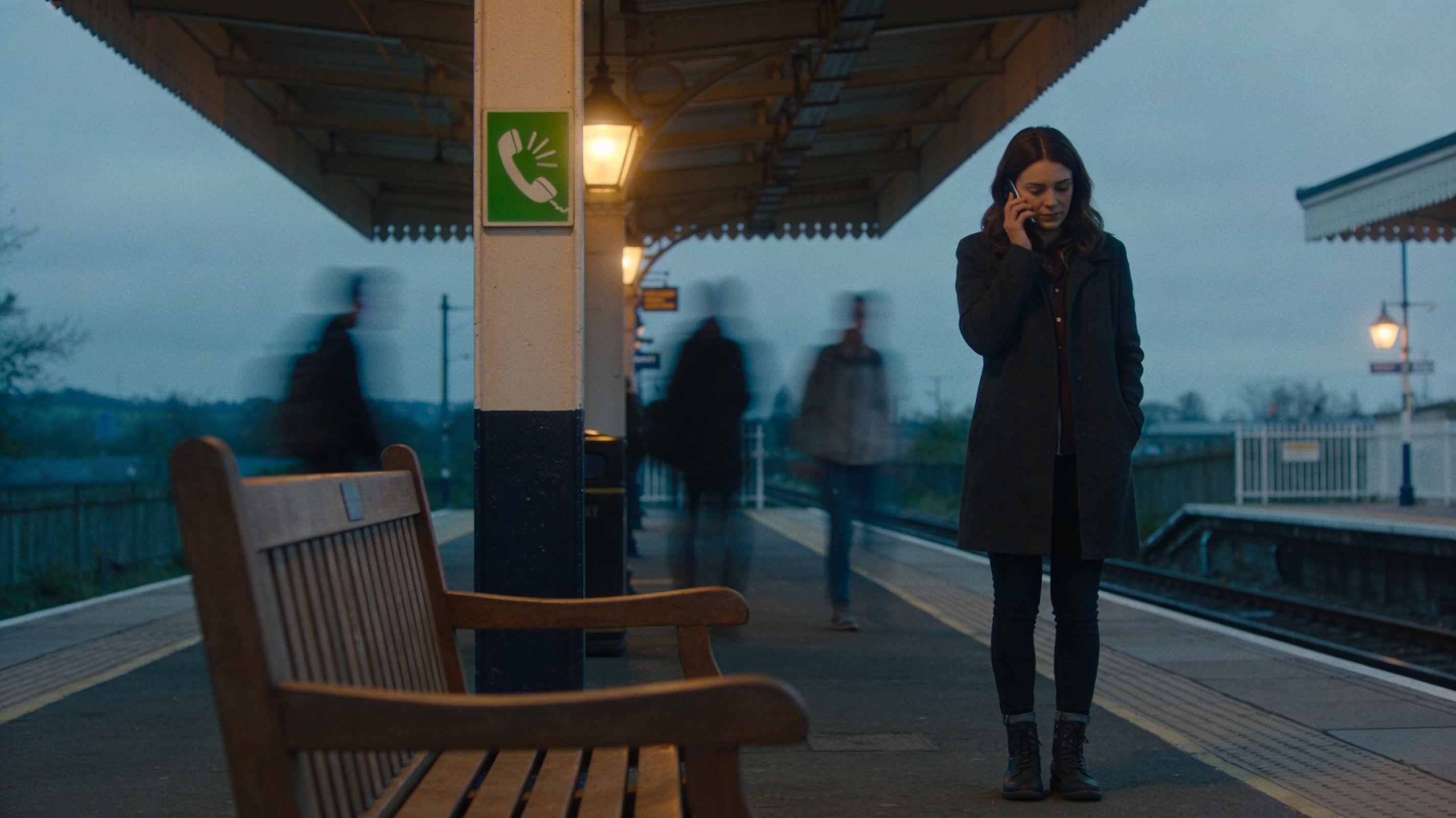 Woman standing on a quiet UK train platform at dusk, phone to her ear beside a small green helpline-style sign, finding calm and connection amid blurred commuters.