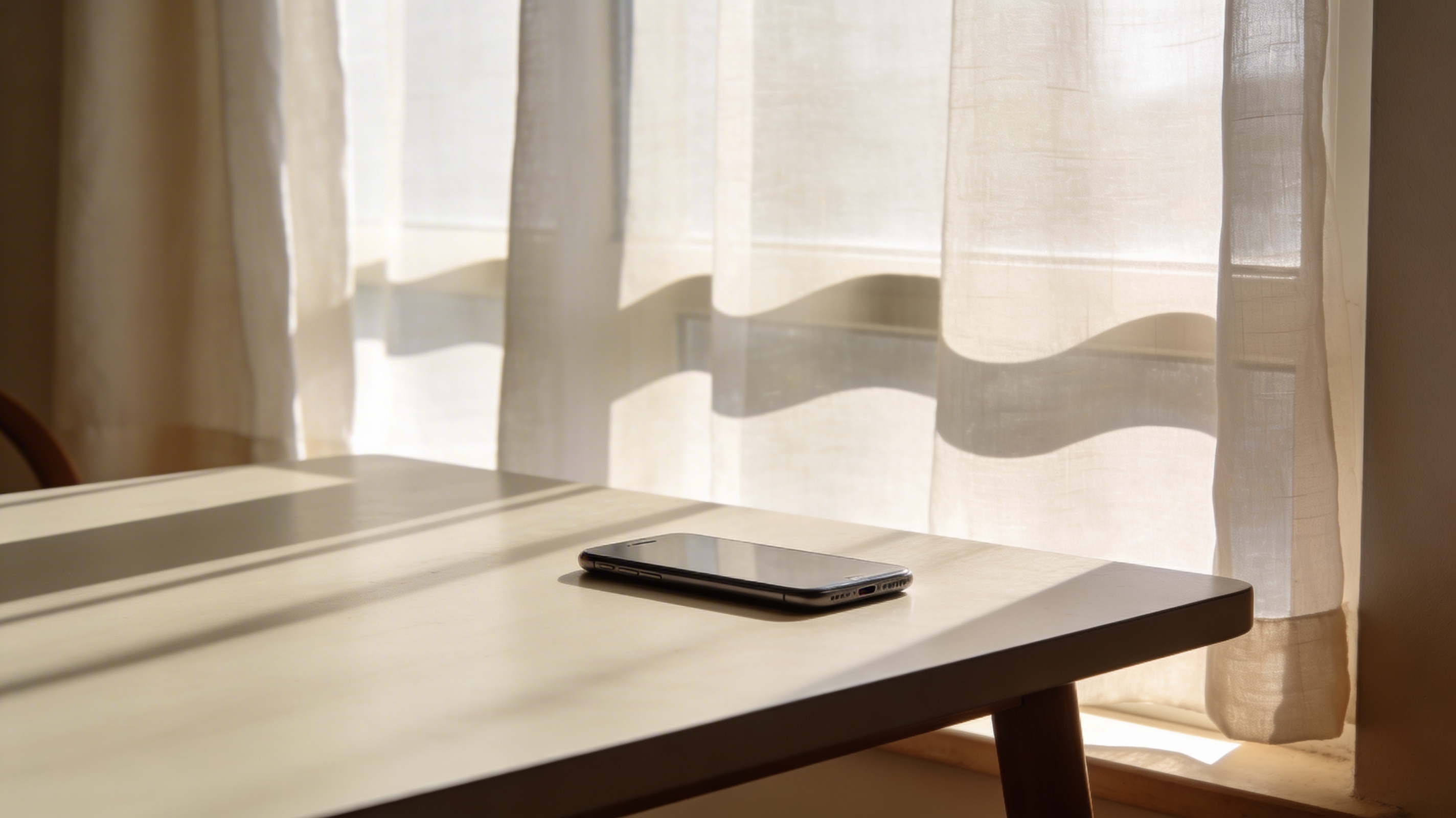 Phone lying face down on a simple table beside a softly lit window, in a calm, uncluttered room, symbolising a quiet mental reset and step away from overwhelm.