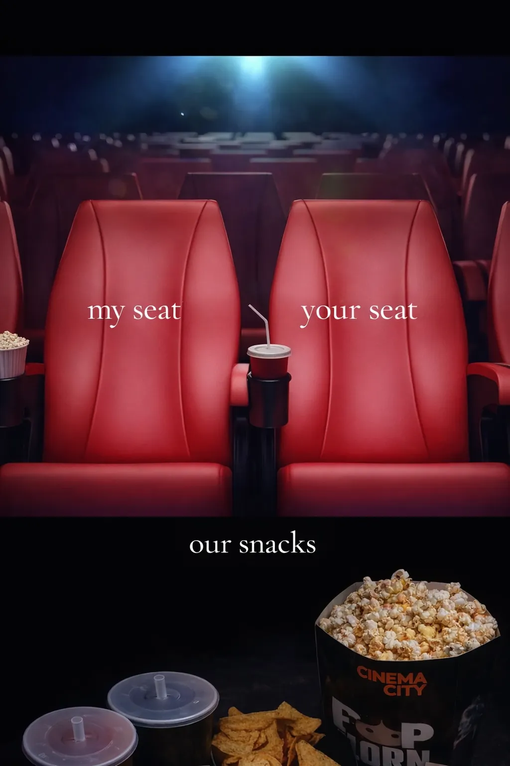 Two cinema seats labelled “my seat” and “your seat” with shared snacks, symbolising connection, presence, and the gap between being seen and being understood.