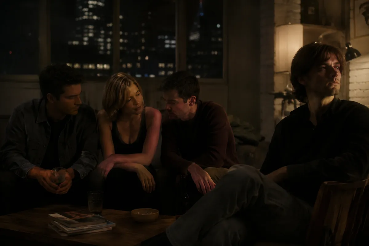 Four friends sitting together in a dimly lit New York apartment at night, soft warm lighting, one figure slightly distant emotionally despite being physically present.