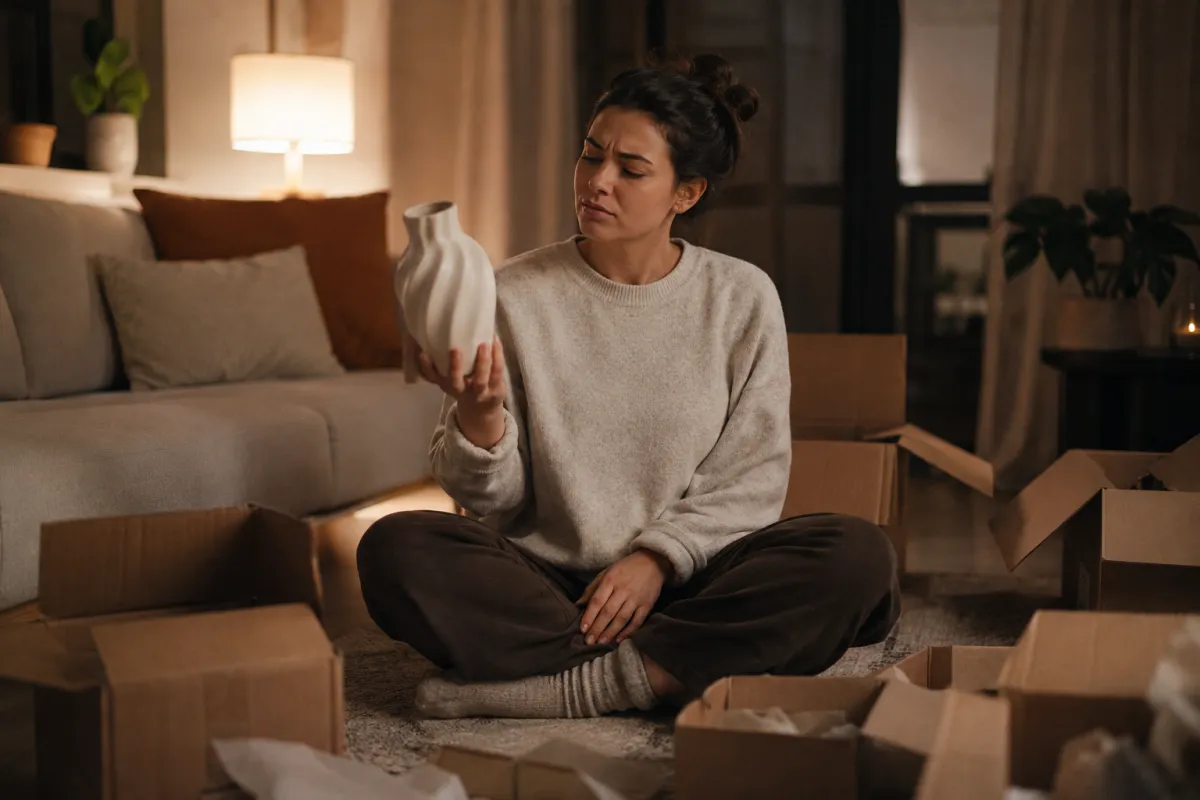 A person sitting among opened delivery boxes in soft evening light, reflecting impulse shopping, self-awareness, and the versions of ourselves we imagine becoming.