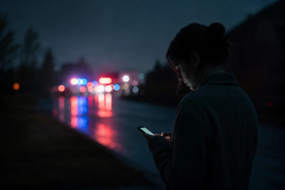 A woman standing alone at night looking at her phone beside blurred emergency lights, reflecting themes of manipulation, identity, hidden danger, and the contrast between online appearance and reality.