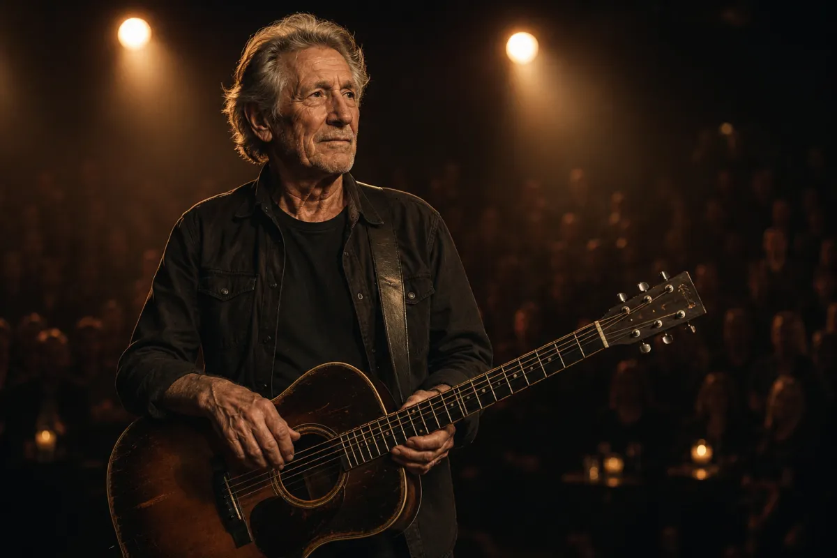 A musician standing under warm stage lights with a guitar, reflecting themes of ageing, authenticity, and human connection.