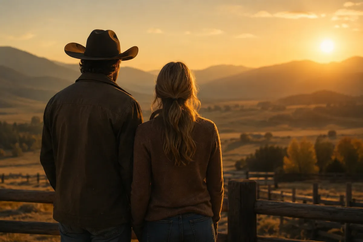 A man and woman standing together at sunset on open land, reflecting themes of healing, loyalty, love, and finding peace after struggle.