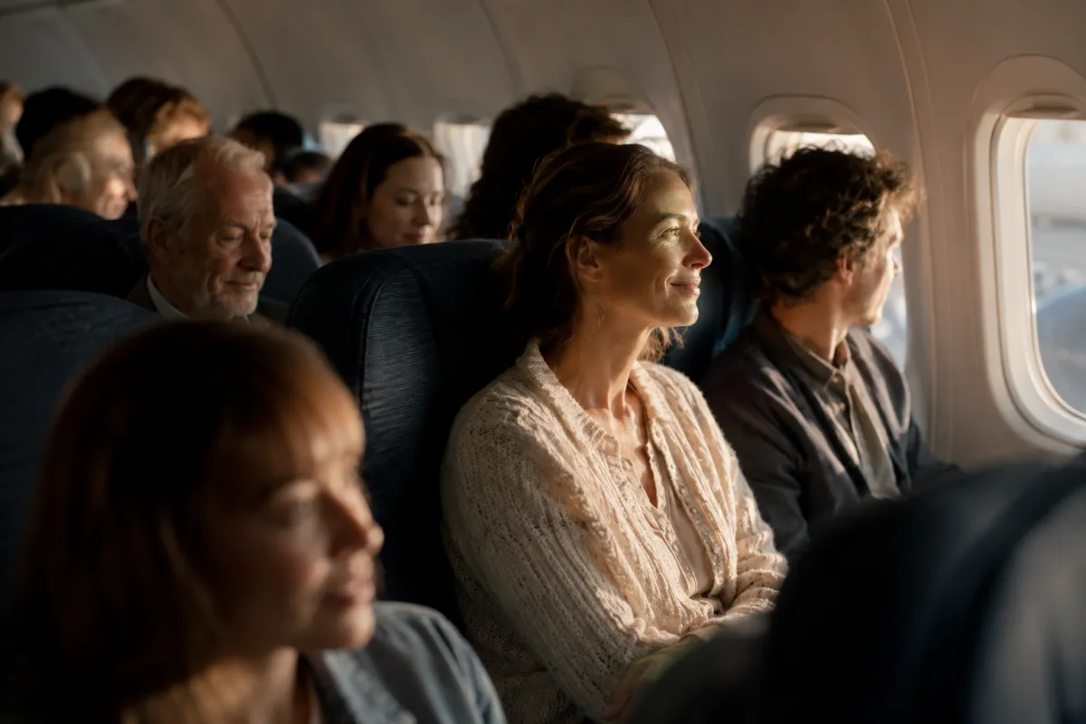 Serenity in a sunlit flight cabin. Passengers sitting quietly on a plane after landing, reflecting relief, shared human experience and the quiet comfort of arriving safely.
