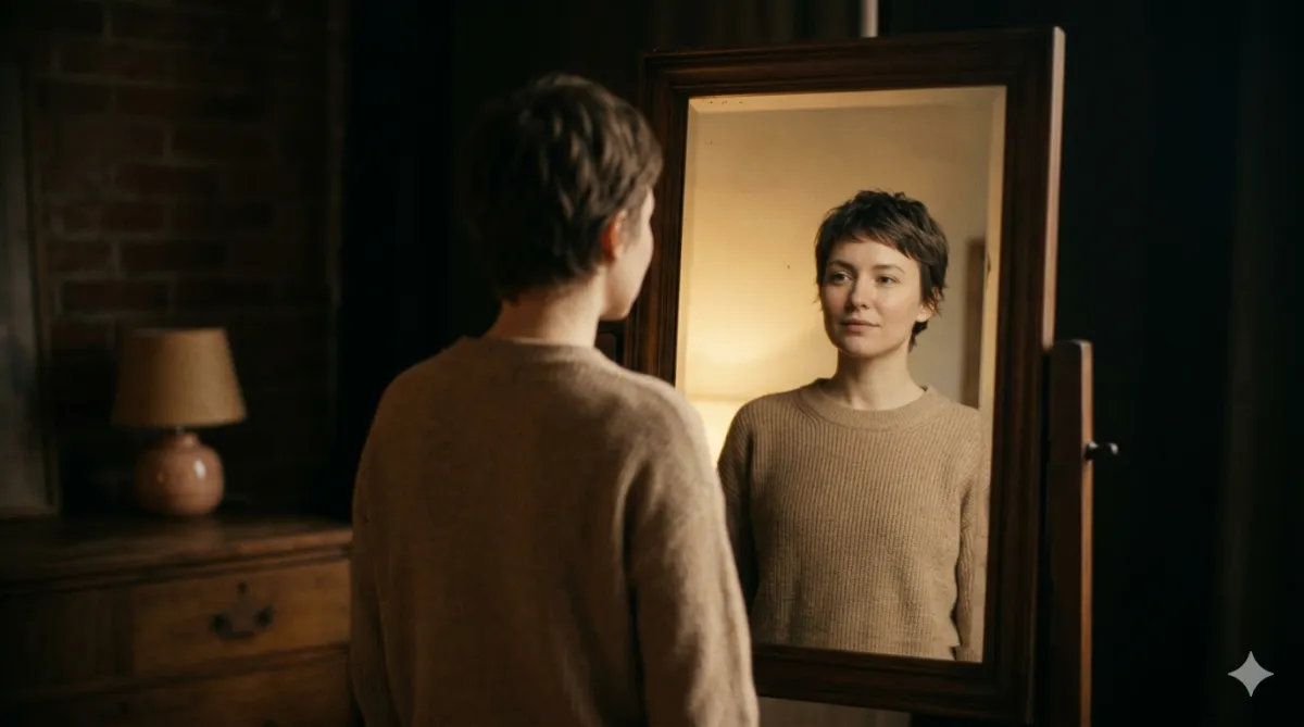 A person standing quietly before a mirror, reflecting themes of self-worth, identity and choosing yourself rather than seeking validation from others.