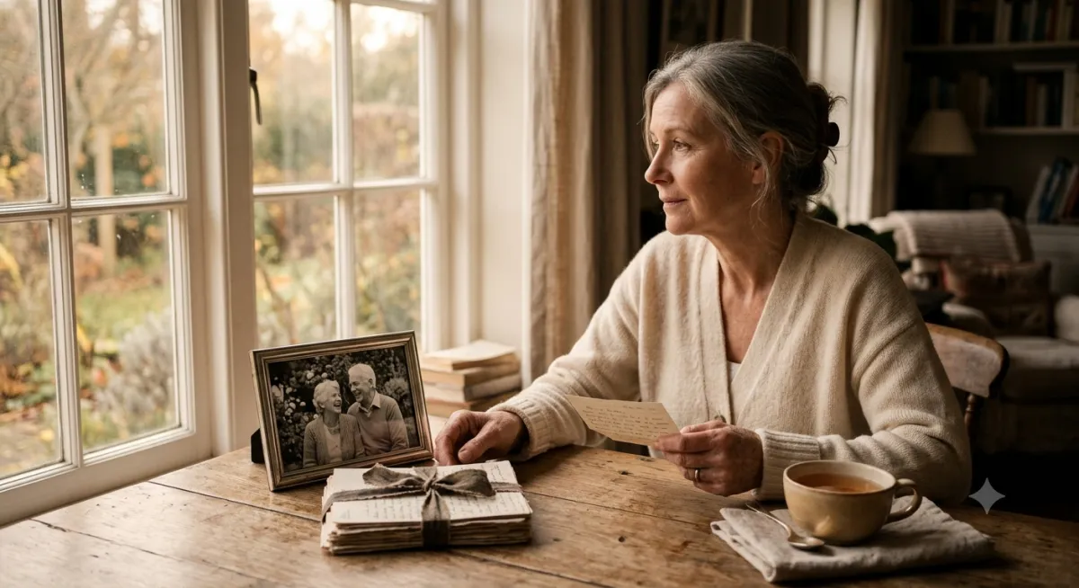 A quiet table with handwritten letters and an old photograph, reflecting grief, memory, love after loss and the people who never really leave us.