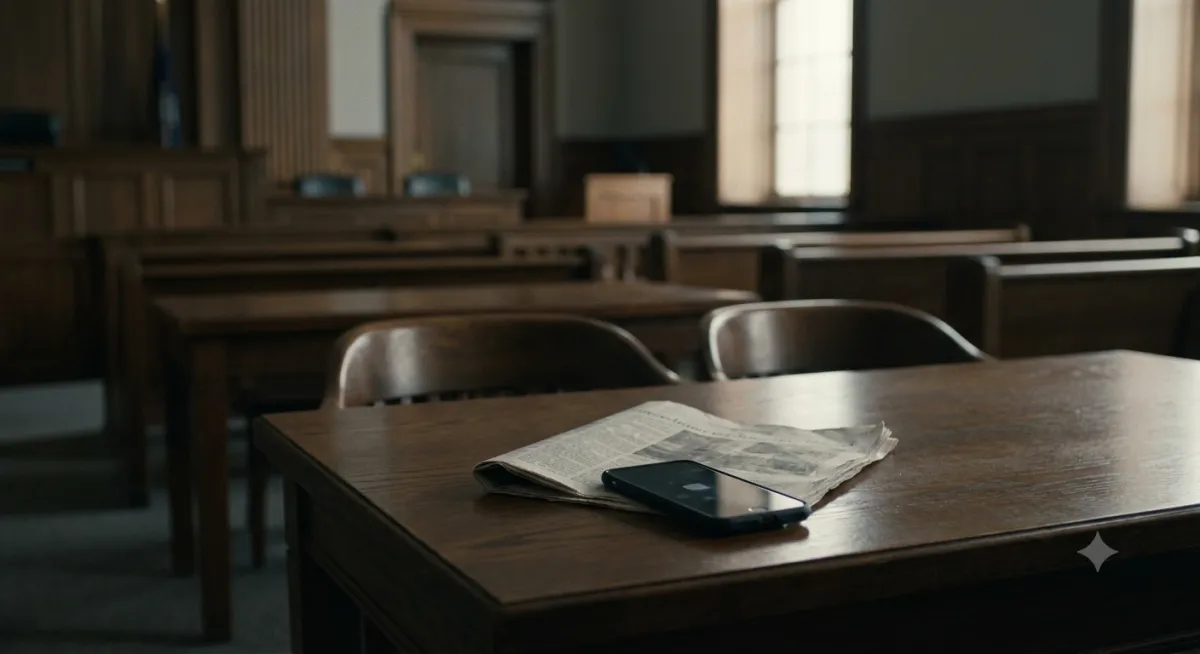 An empty courtroom setting with a newspaper and phone on a table, reflecting justice, headlines, judgment and the need to understand the full story.