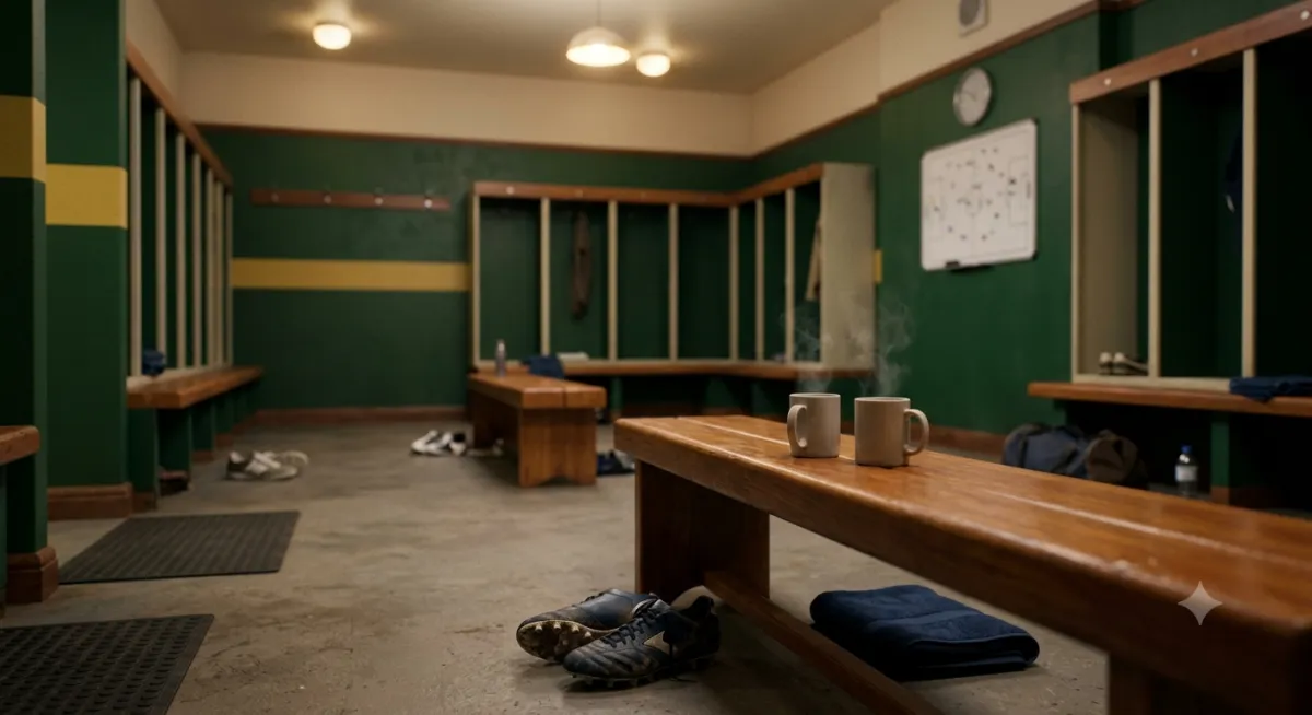 An empty football dressing room in soft light, reflecting kindness, listening, emotional honesty and the quiet strength behind Ted Lasso.