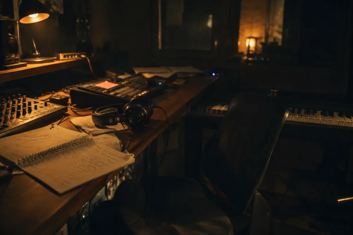 A dimly lit music studio with headphones, recording equipment and handwritten notes, reflecting creativity, grief, influence and the complicated legacy of Kanye West.