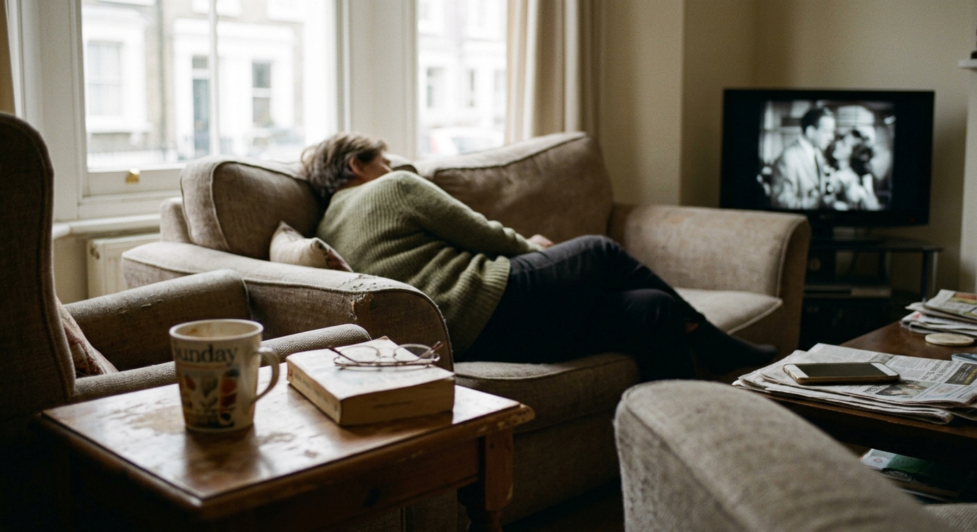 A quiet living room with a cup of tea, television on and a phone left out of reach, reflecting boredom, digital overwhelm and the comfort of ordinary life.