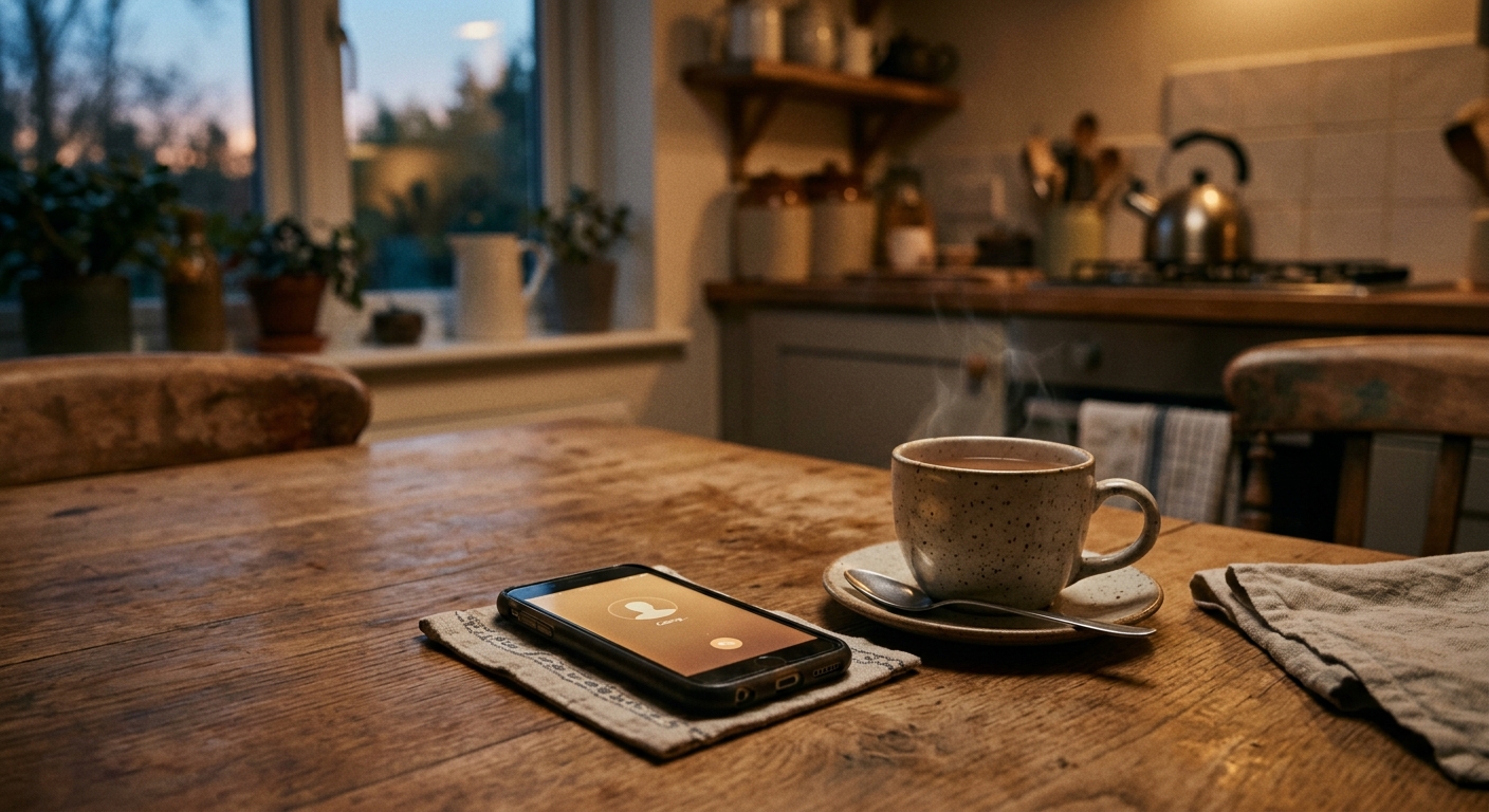 A phone glowing on a kitchen table beside a cup of tea, reflecting connection, conversation and the quiet comfort of hearing someone’s voice.