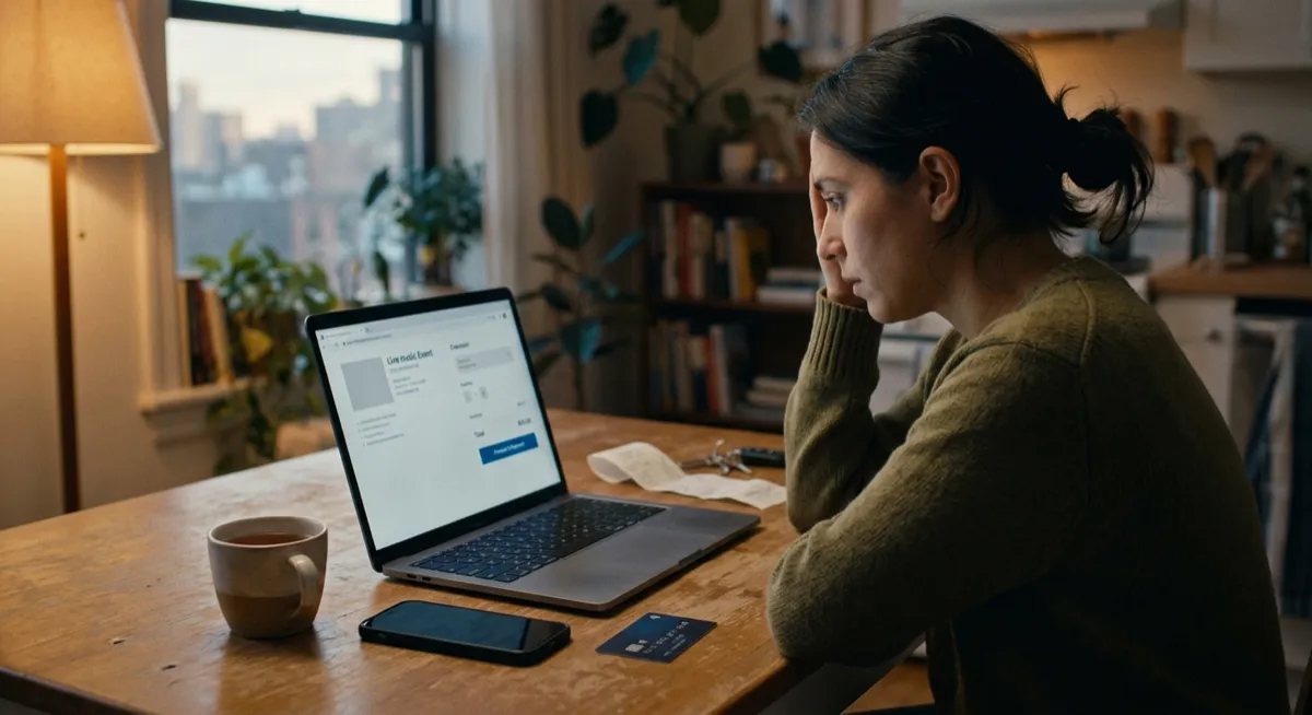 A person sitting at a kitchen table looking at a concert ticket checkout screen, reflecting rising ticket prices, live music and the cost of shared experiences.