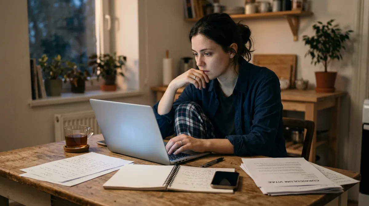 A person sitting at a kitchen table preparing for an online job interview, reflecting modern recruitment, job applications and the pressure candidates face.
