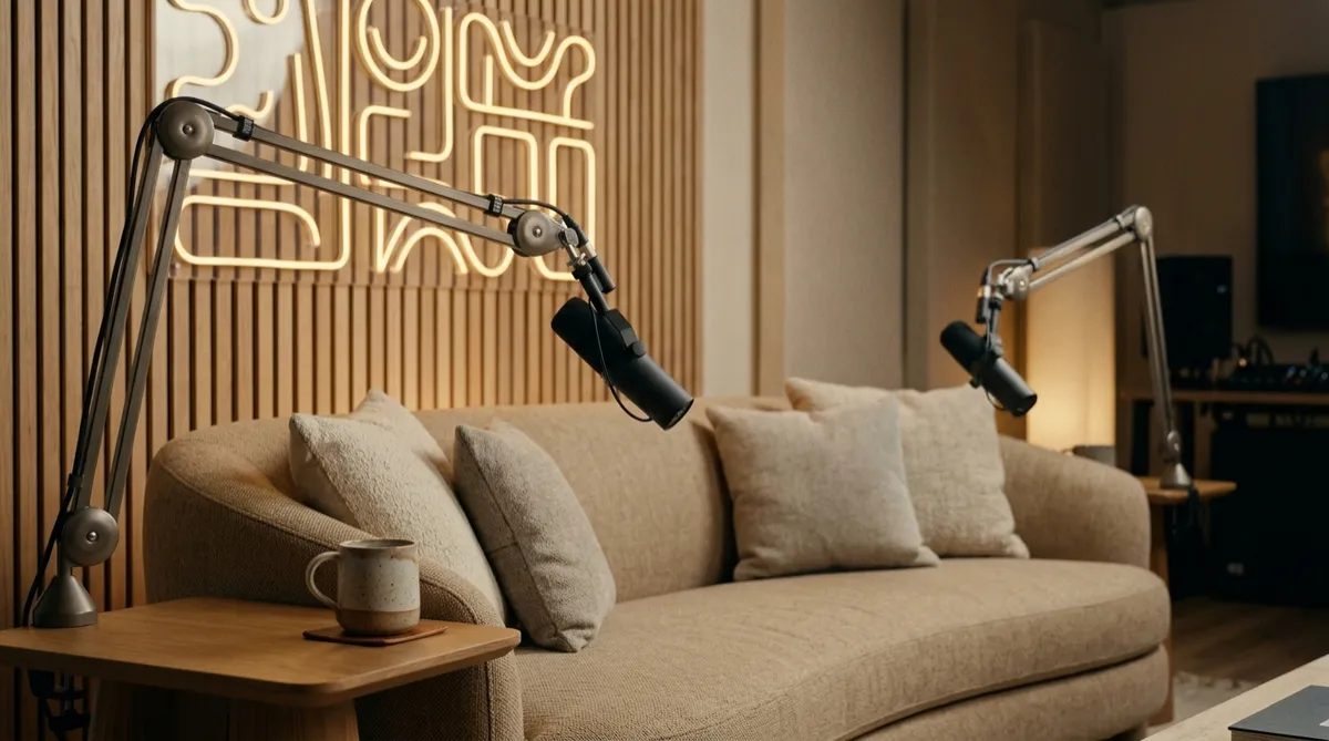 A carefully staged podcast studio with microphones, a beige sofa and soft lighting, reflecting celebrity podcasts, performative authenticity and modern media culture.
