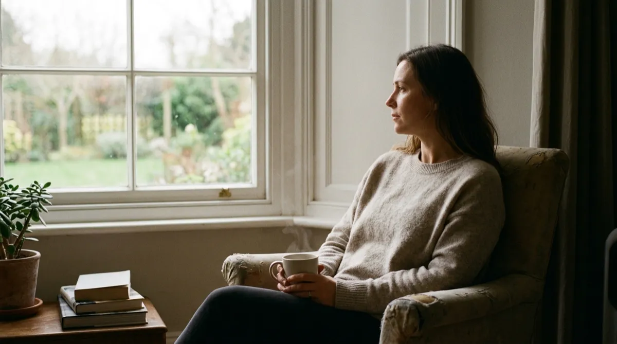 A person sitting peacefully beside a window in soft morning light, reflecting emotional safety, inner calm and the feeling of finally being able to relax.