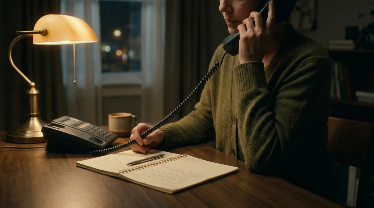 A volunteer sitting quietly beside a telephone in soft evening light, reflecting listening, emotional support and the importance of being heard.