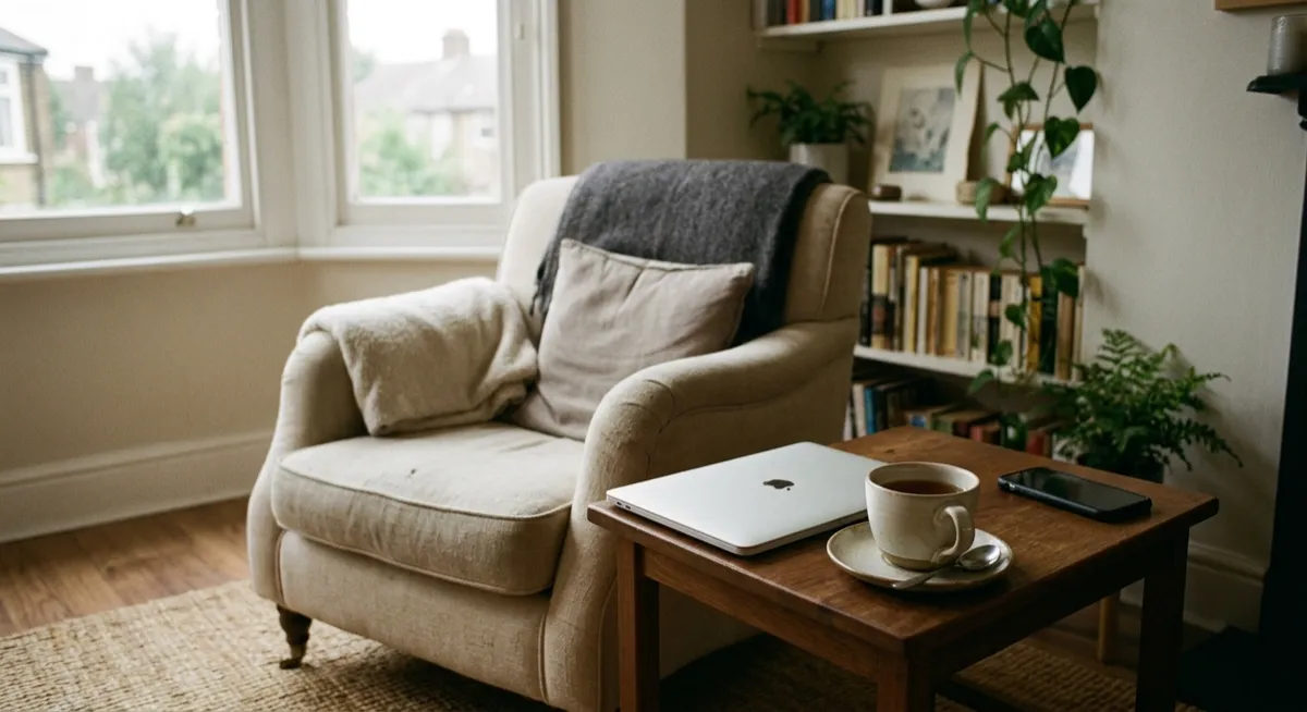 A closed laptop and phone beside a cup of tea in a quiet living room, reflecting rest, stillness and the freedom of having nowhere to be.