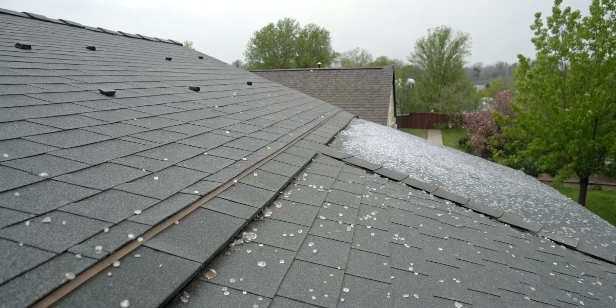 Asphalt roof showing signs of hail damage, including dark spots, bruising, and scattered hailstones.