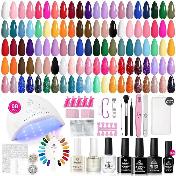 Beetles 68-piece gel nail polish kit with 35 colors, UV lamp, manicure tools, and top coats for home or salon use
