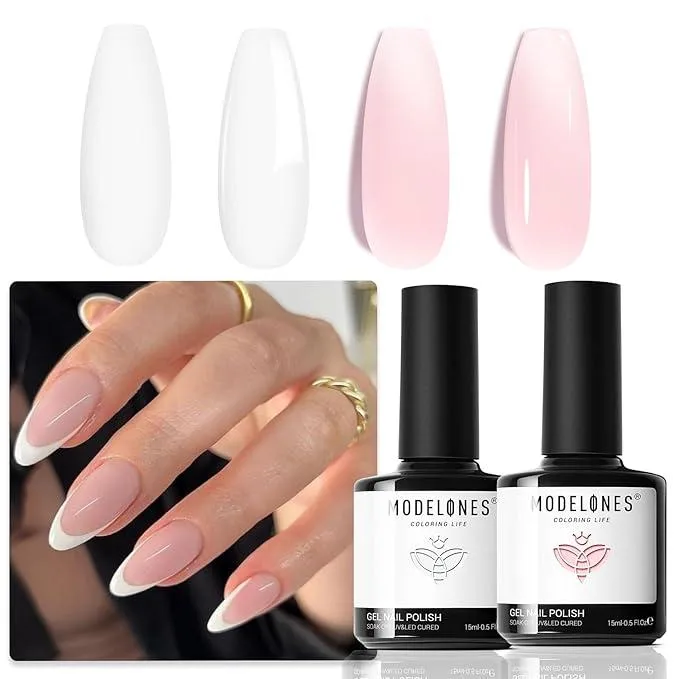 Modelones French manicure gel, Modelones white and pink jelly gel polish duo for spring French manicures at home set – white and pink jelly polish, perfect gift for women and girls