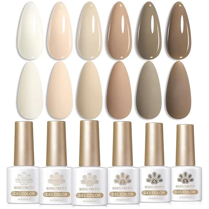 Born Pretty gel nail polish set with 6 neutral shades including nude, beige, and brown for elegant, natural nails