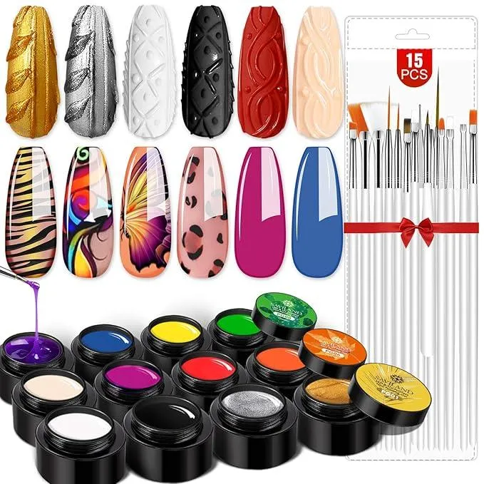 Saviland gel nail paint kit with 12 colors and 15 brushes for floral nail art and detailed designs