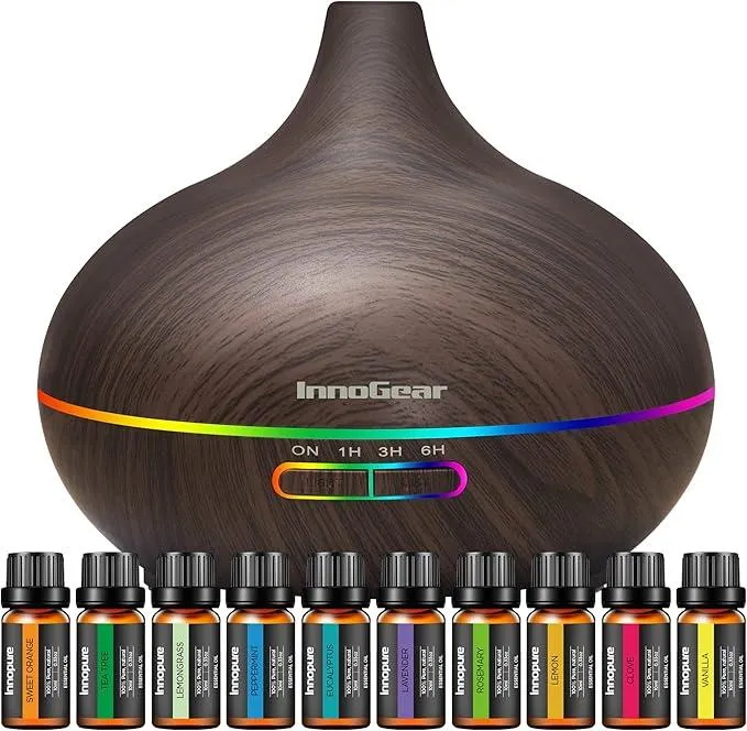 InnoGear 400ml aromatherapy diffuser with 10 essential oils, color lights, and auto shut-off for home spa or office use
