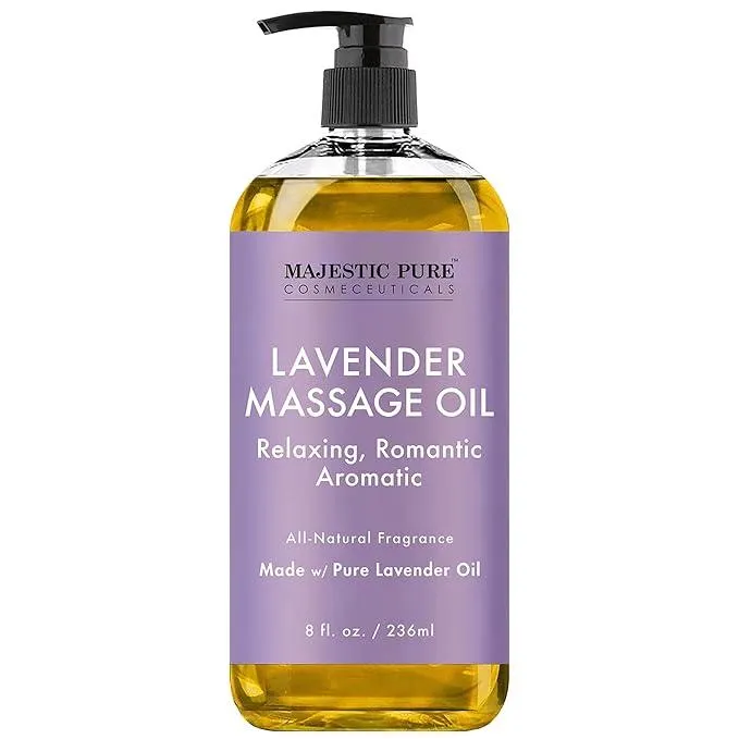 Majestic Pure lavender massage oil for calming, hydrating, and rejuvenating full-body spa treatments at home