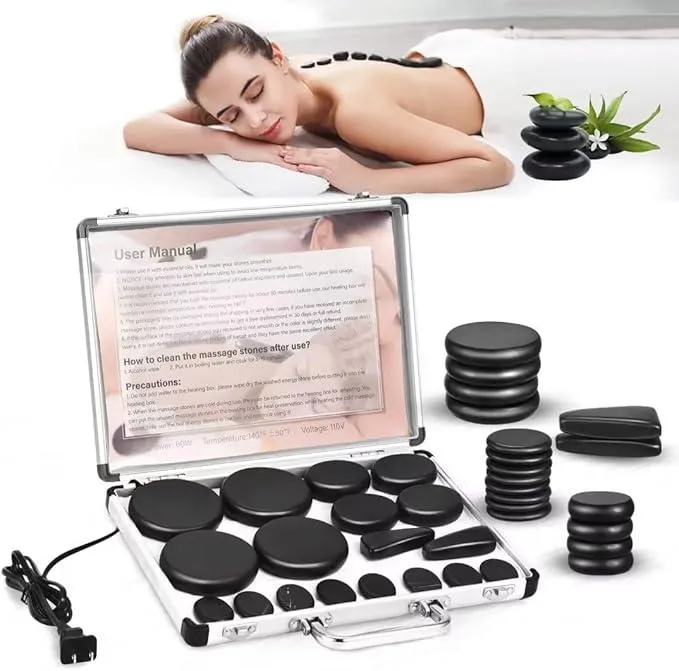 18-piece basalt hot stone massage set with heating case for home or professional spa relaxation and pain relief