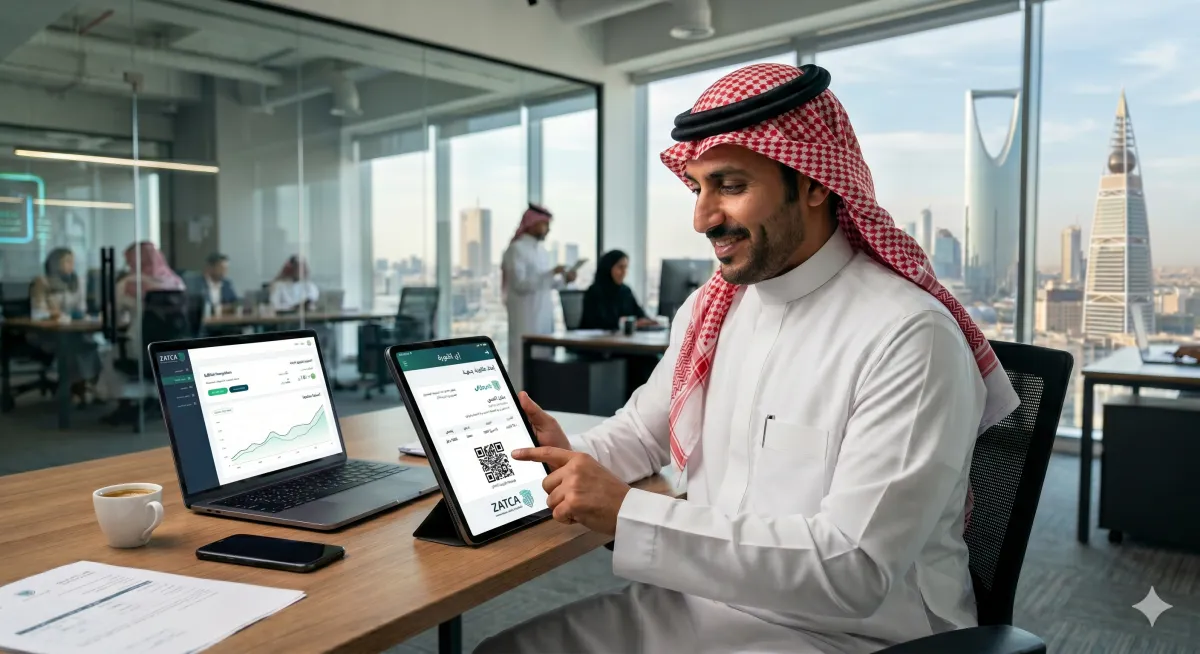 رجل أعمال سعودي يستخدم تطبيق إي فاتورة لإصدار فاتورة إلكترونية متوافقة مع متطلبات هيئة الزكاة والضريبة والجمارك 2026