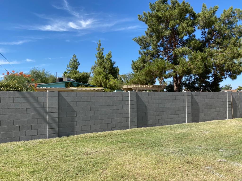 Freshly built charcoal block wall fence for a Phoenix, AZ backyard